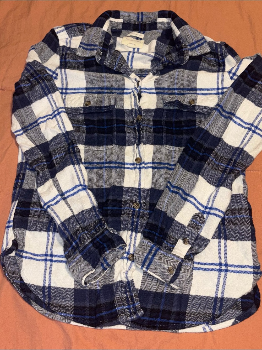American Eagle Outfitters Navy, White & Gray Plaid Button-Up Shirt